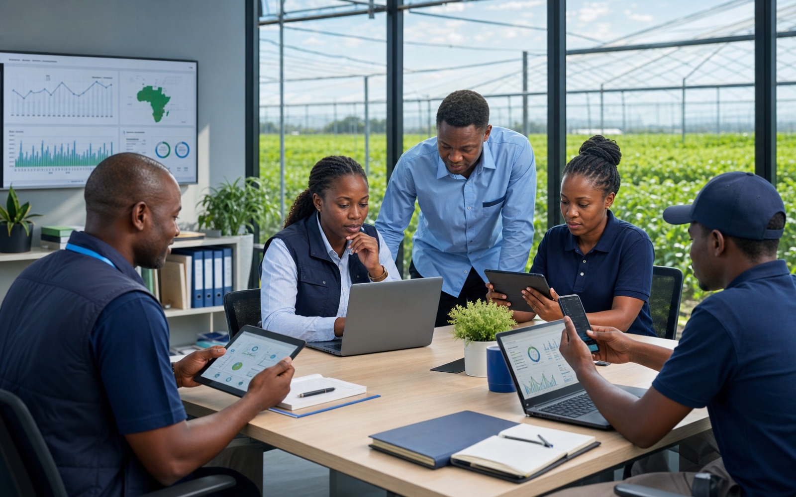 Esenai agritech team reviewing farm data and supply chain dashboards