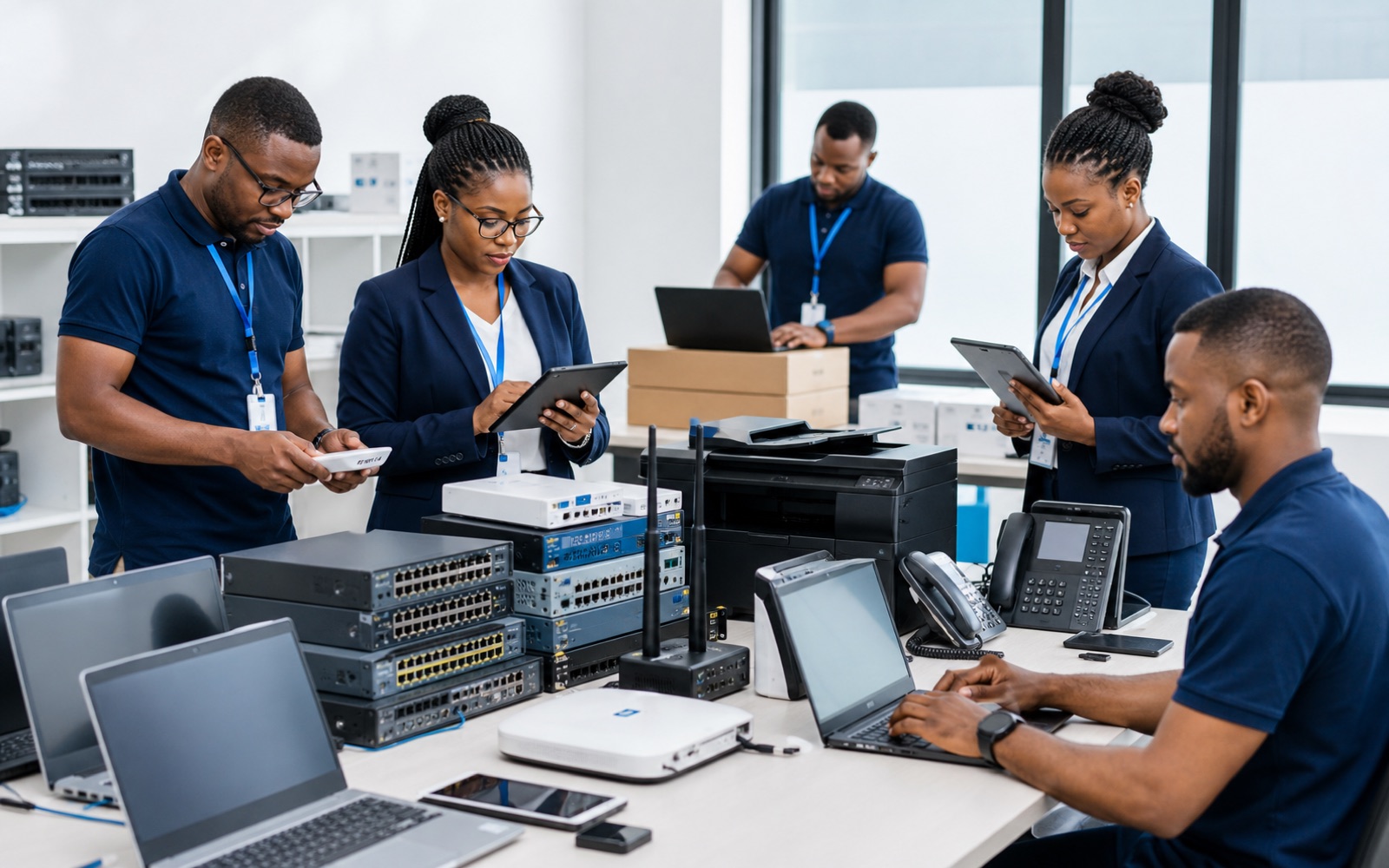 Esenai ICT equipment team configuring routers laptops and office devices